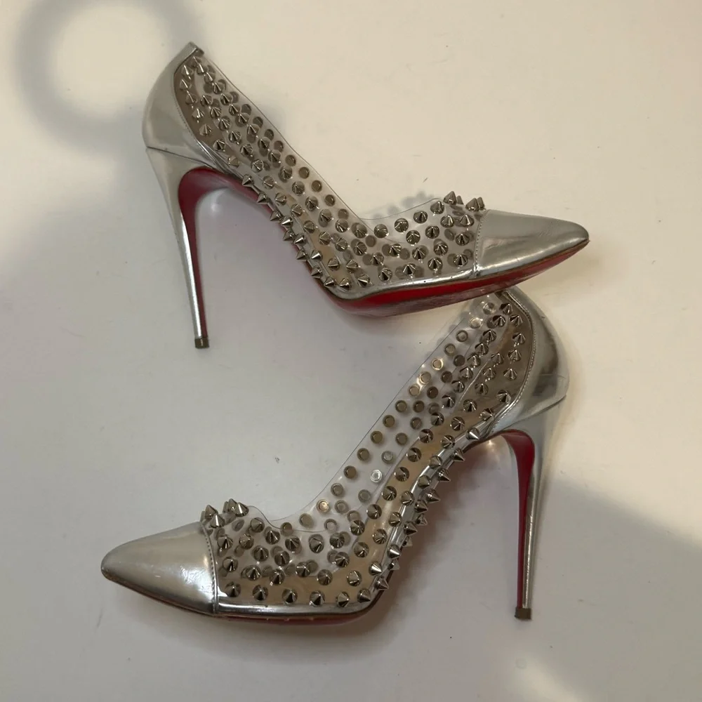 Christian Louboutin Metallic Silver Gloss Clear PVC Spike Me 100 Pumps Size 39